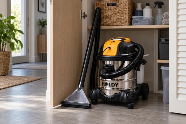 Пылесос HOLDY ZN2401CC у открытого хозяйственного шкафа, рядом трубка с моющей насадкой